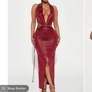 Fashion Nova Deep Red Faux Leather Plunge Maxi Dress